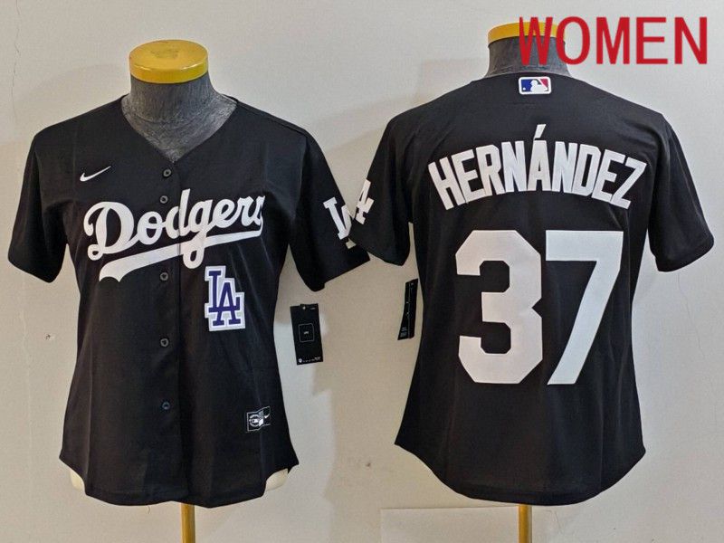 Women Los Angeles Dodgers #37 Hernandez Black Nike Game 2024 MLB Jersey style 7265->women mlb jersey->Women Jersey